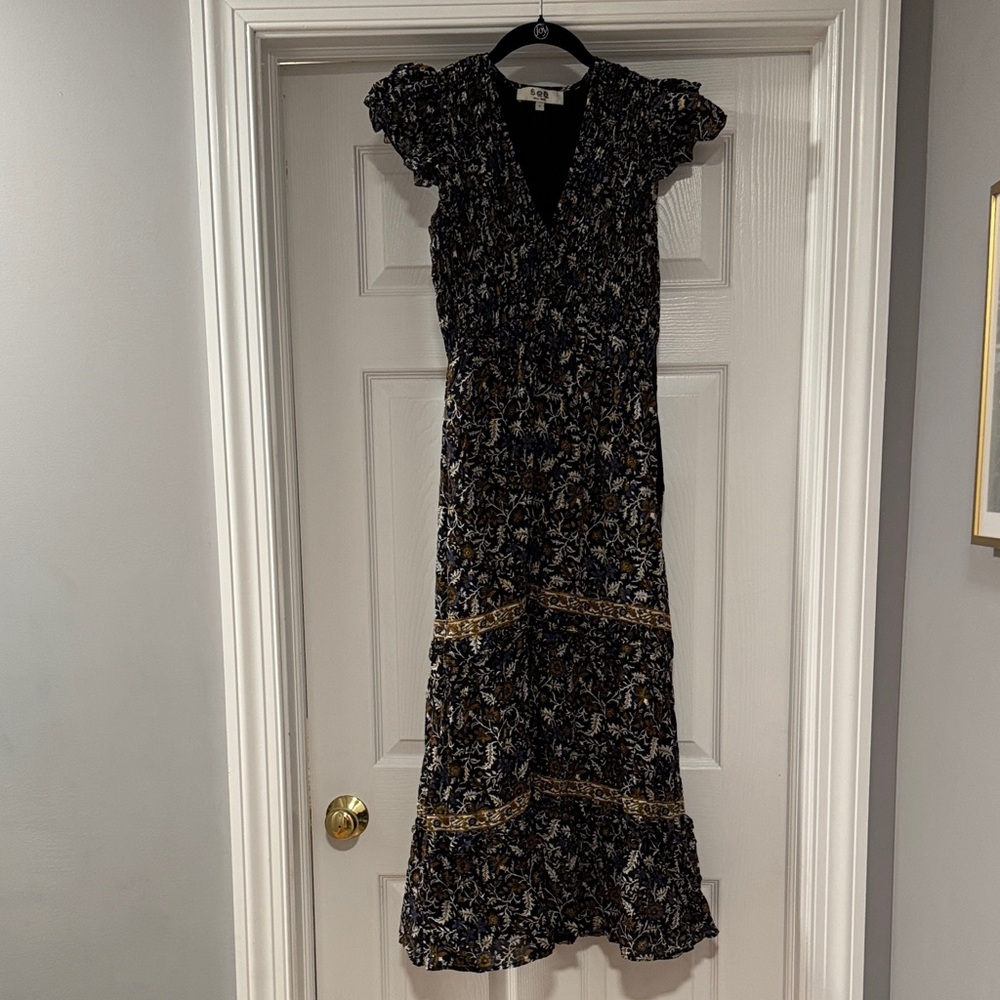 Sea New York Black and Gold Floral Midi Dress